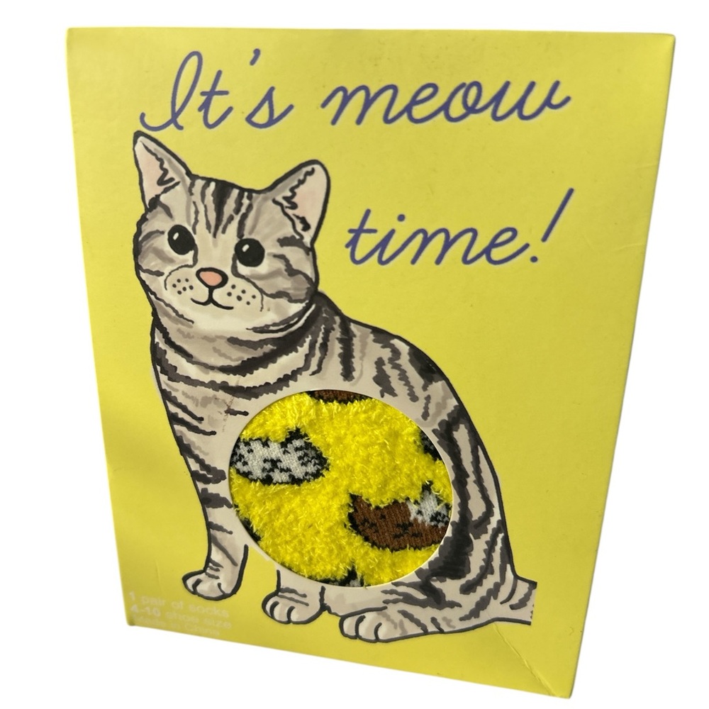 Cozy Socks OS Gift - yellow “it’s‎ meow time” cats socks